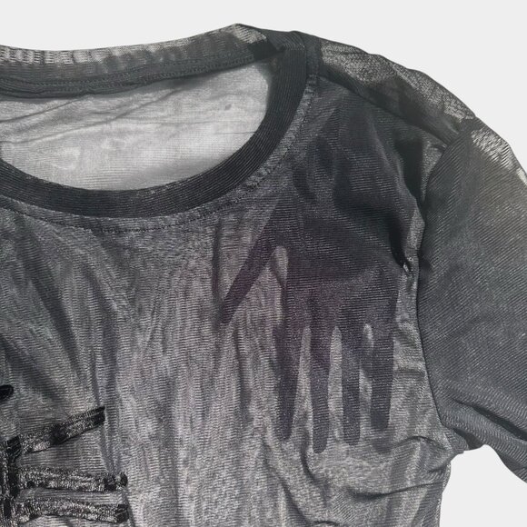 Women's Transparent Mesh Top Black Size M Stretch Decorated Hand Long Sleeves - Picture 6 of 9